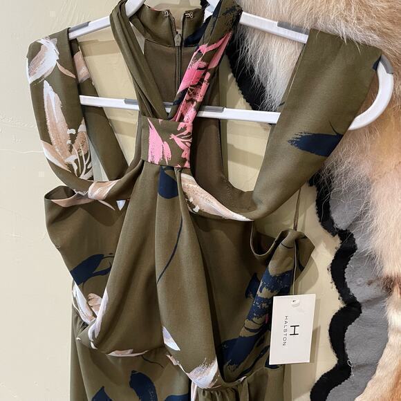 H by Halston Draped Halter Dress in Olive Floral 10‎ - Picture 3 of 9